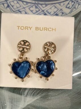 Tory Burch Blue and Gold Heart Drop Earrings